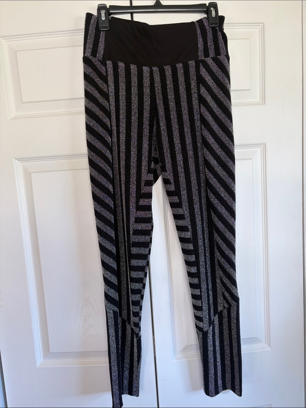Alembika Black Metallic Silver High Rise Striped Tapered Leggings Pants US 8/10